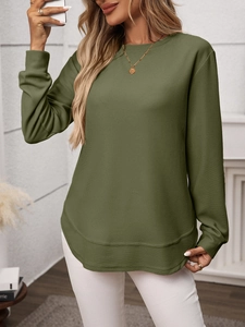 Detail view of army green waffle knit texture and curved hem on women long sleeve T-shirt