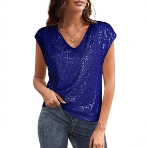 Haut bleu royal à paillettes avec col en V et texture scintillante à rayures verticales