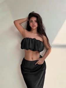 Women Satin Tube Top And High Waist Long Skirt Elegant Acetate Fabric Sleeveless Party Banquet Outfits For Lady