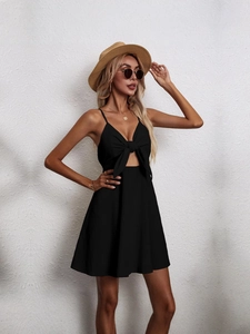Women black cotton linen V-neck sleeveless dress with bow detail and cut-out waist
