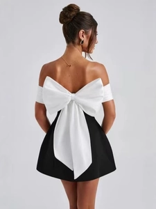 Women Elegant Off-The-Shoulder Contrast Color Mini Dress Sleeveless Large Bow Detail Satin Look A-Line Party Evening Gown