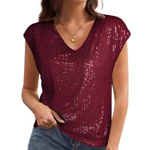 Haut à paillettes rouge foncé brillant avec col en V pour femmes style de fête