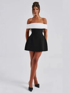 Elegant off-shoulder black and white mini dress with a bow-accented A-line silhouette