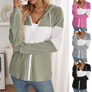 Women Color Block Ribbed Zip Up Hoodie Casual Hooded Cardigan Long Sleeve Patchwork Ribbed Knit Sweatshirt Jacket Top
