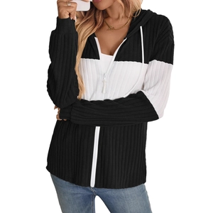 Women's long sleeve color block hooded cardigan with zipper and ribbed texture design