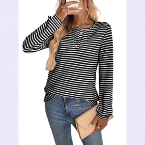 Women Casual Striped Long Sleeve Henley Shirt Waffle Knit Round Neck Button Down Top Loose Soft Pullover Tee Sweater