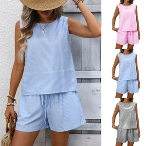 Women Casual Striped Round Neck Sleeveless Tank Top And Drawstring Shorts Outfit Summer Holiday Viscose Loungewear Set