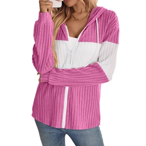 Women's pink and white color block ribbed zip-up hoodie with drawstring casual style