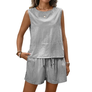 Women's summer casual two-piece set featuring vertical striped sleeveless top and shorts