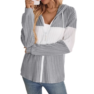 Women's grey and white color block zip-up hoodie with ribbed texture and long sleeves