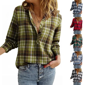 Women Plaid V Neck Long Sleeve Shirt Casual Polyester Button Up Fashion Check Blouse For Autumn Winter Lady Top