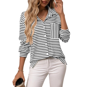 Women's classic black and white striped long sleeve shirt with front pocket and button detail