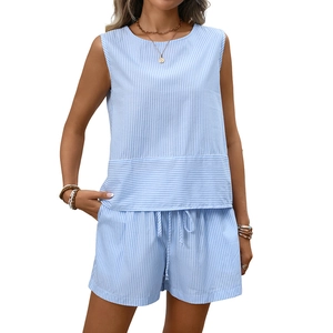 Women's summer two-piece set featuring blue and white striped sleeveless top and shorts