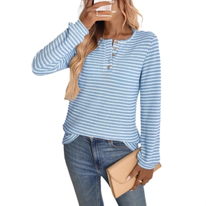 Women's casual light blue striped knit long sleeve T-shirt with buttoned round neck