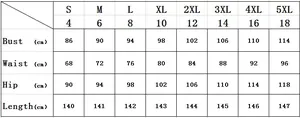 Detailed sizing chart with bust, waist, and hip measurements for sequin evening dresses