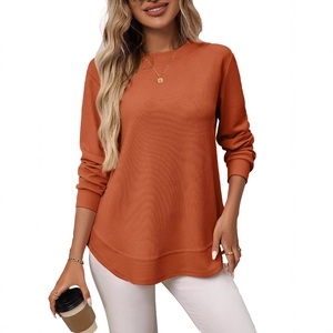 Women's Waffle Knit Long Sleeve T-Shirt Casual Round Neck Curved Hem Loose Fit Pullover Top Fashion Streetwear Blouse
