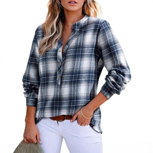 Women's V-neck plaid long sleeve shirt with blue and white check pattern in casual style
