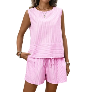 Women's two-piece summer set with pink and white striped sleeveless top and drawstring shorts