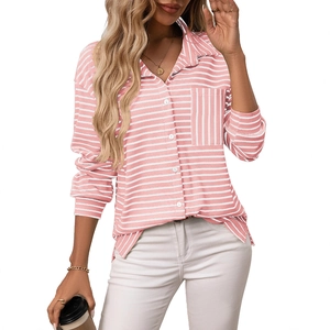 Women's pink and white striped waffle texture long sleeve shirt with front pocket
