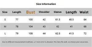 Detailed size chart for two-piece solid blazer and skirt set in S, M, and L sizes