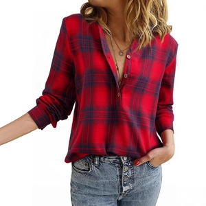 Women's V-neck plaid shirt in red and blue pattern, stylish casual long-sleeved flannel top