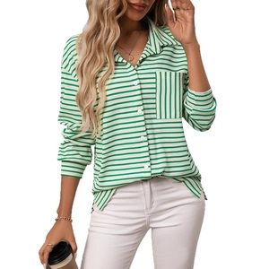 Women's casual green and white striped long sleeve shirt with front pocket and collar