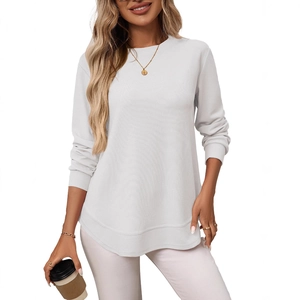 Women white waffle knit long sleeve T-shirt with casual curved hem and loose fit crewneck