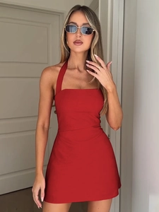 Robe Mini Moulante Sexy Dos Nu Licou Froncée Sans Manches Couleur Unie À Nouer Été Clubwear Party Night Outfits