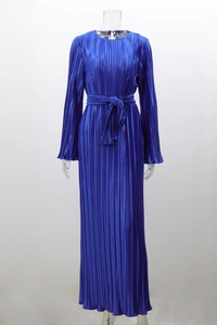 Detailed close-up of Royal Blue pleated long sleeve dress with waist tie and round neckline