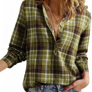 Women's V-neck plaid shirt in green and white check pattern with long sleeves and buttons