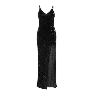Detailed close-up of a black sequin evening dress with a side slit and slim-fit silhouette