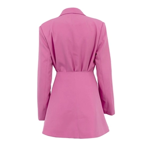 Back view of a rose pink blazer dress featuring slim waist pleats and an A-line silhouette