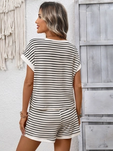 Close-up of waffle knit texture on striped two-piece summer set for women
