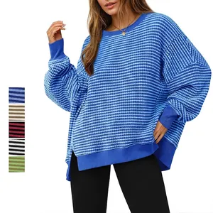 Women Striped Waffle Knit Sweatshirt Loose Drop Shoulder Side Slit Long Sleeve Round Neck Pullover Top Casual Daily Knitwear