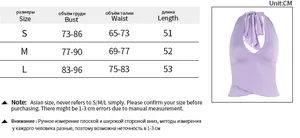 Size guide table for lavender backless halter top with detailed S-L measurements