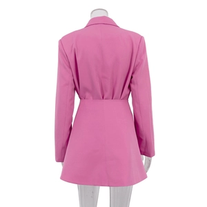 Back view of pink tailored blazer dress with waist-cinching belt on mannequin