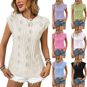 Women Summer Casual Hollow Out Knit Top Round Neck Jacquard Cap Sleeve Loose T-Shirt Solid Color Bohemian Crochet Vest
