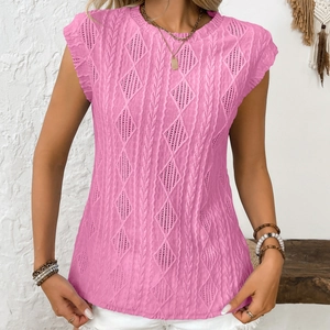 Pink sleeveless knit top for women with round neck and intricate cable knit patterns