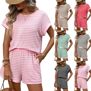 Women Striped Casual Patchwork Round Neck Short Sleeve Top And Shorts Cotton Polyester Summer Beach Vacation Loungewear