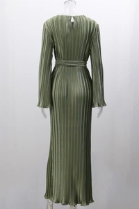 Detailed back view of olive green pleated maxi dress with waist tie and teardrop button