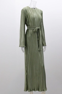 Detailed view of the pleated texture and satin finish on this olive green maxi dress