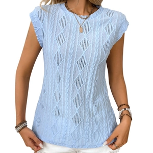 Women summer light blue sleeveless cable-knit jacquard t-shirt top with round neck