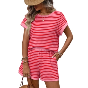 Women's pink and red striped two-piece casual set with round neck top and shorts