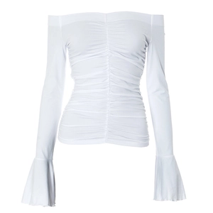 Detail showing white off-shoulder top with center ruching and elegant bell sleeves