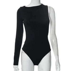 Close-up of asymmetrical black bodysuit featuring a one-shoulder long sleeve design