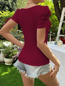 Slim fit burgundy square neck ribbed t-shirt with puff sleeves and tie details