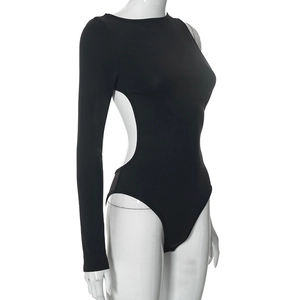 Detail view of black one-shoulder bodysuit with waist cutout and asymmetrical long sleeve