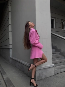 Fashionable bright pink slim-fit blazer dress with lapel collar and waist-cinching design