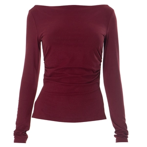 Detail view of burgundy off-shoulder long sleeve top with side ruched pleat design