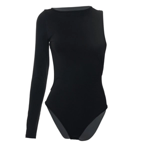 Detailed view of black one-shoulder bodysuit with long sleeve and slim fit design
